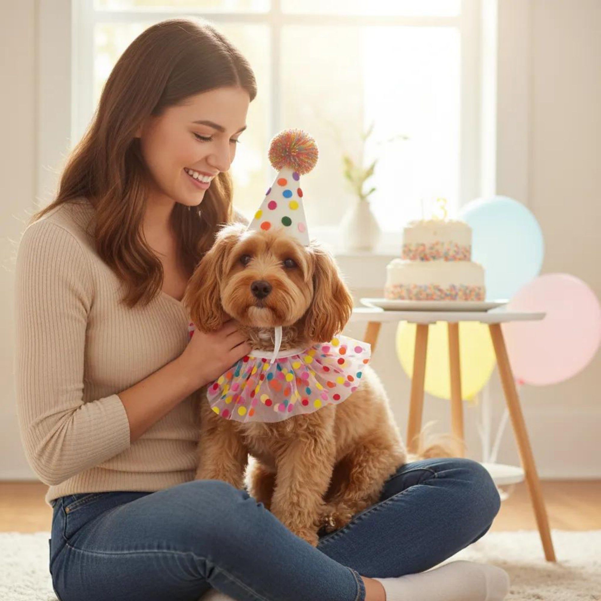 Pet Birthday Hat and Polka Dot Tulle Collar Set Colorful Party Costume Accessory