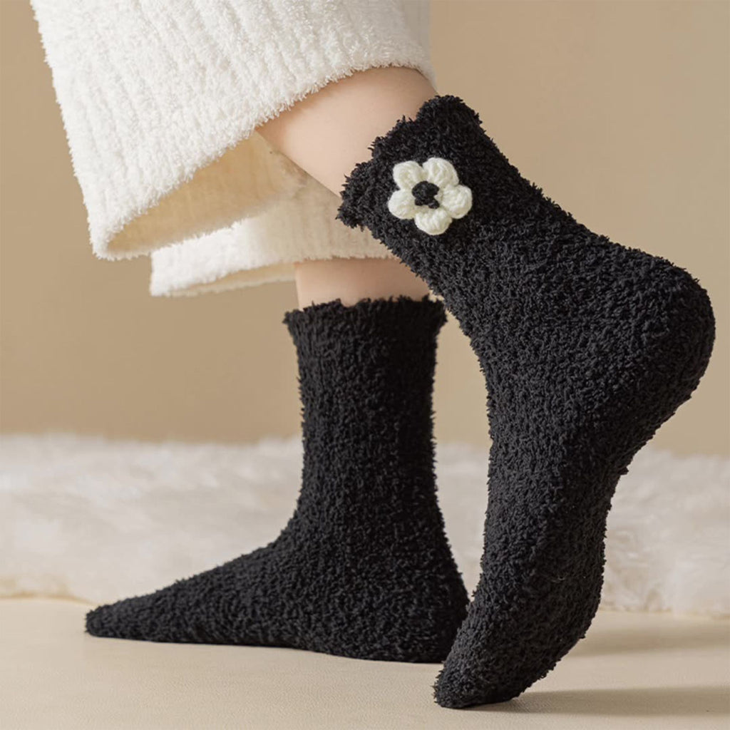 Anna-Kaci 3-Pair Plush Fuzzy Socks with Crochet Flower Detail for Cozy Indoor Wear