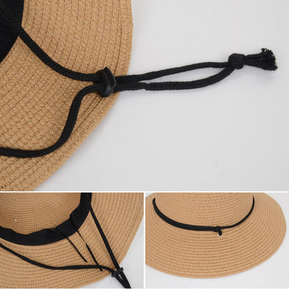 Anna-Kaci Wide Brim Straw Sun Hat with Chin Strap and Black Cord Detail for Outdoor Protection and Stylish Shade