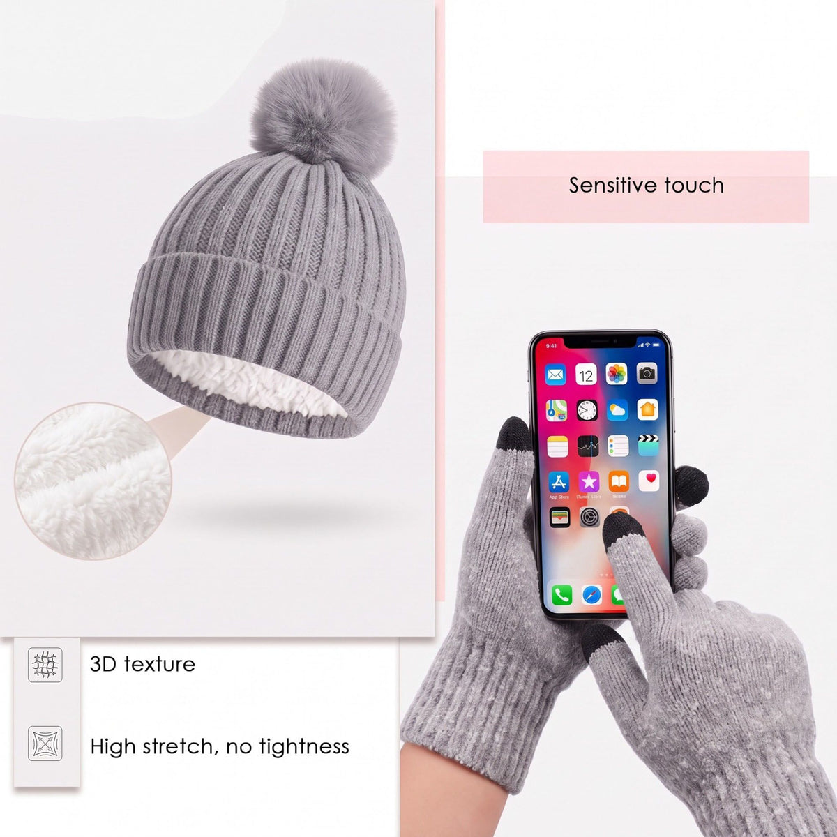 3 Piece Pom Beanie Scarf and Touchscreen Gloves Winter Set