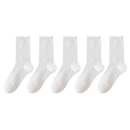 Anna-Kaci Women's Ribbed Crew Socks with Ruffle Lettuce Trim Soft Stretch Knit Comfortable Everyday 5-Pack