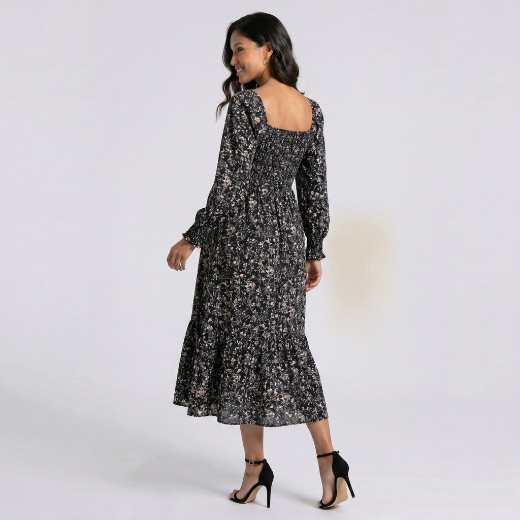 Anna-Kaci Women's Maternity Floral Square Neck Midi Dress with Long Sleeves and Smocked Bodice