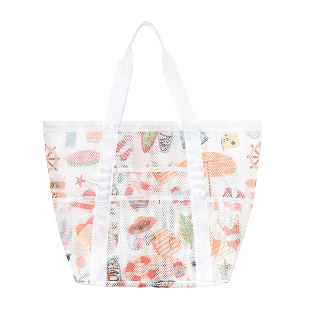 Mesh Beach Tote Bag with Beach Themed Print and Shoulder Handles