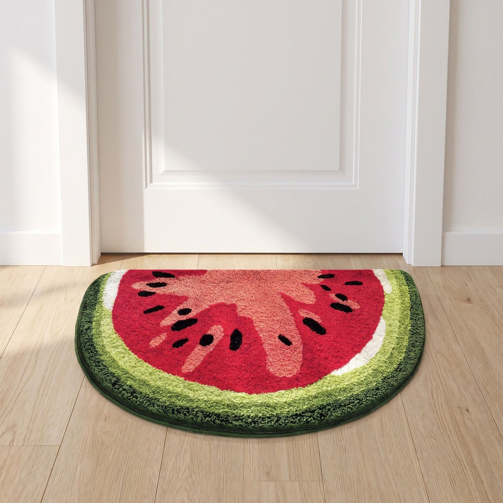Kiwi Fruit Slice Plush Semicircle Bathroom Mat with Green Tufted Design