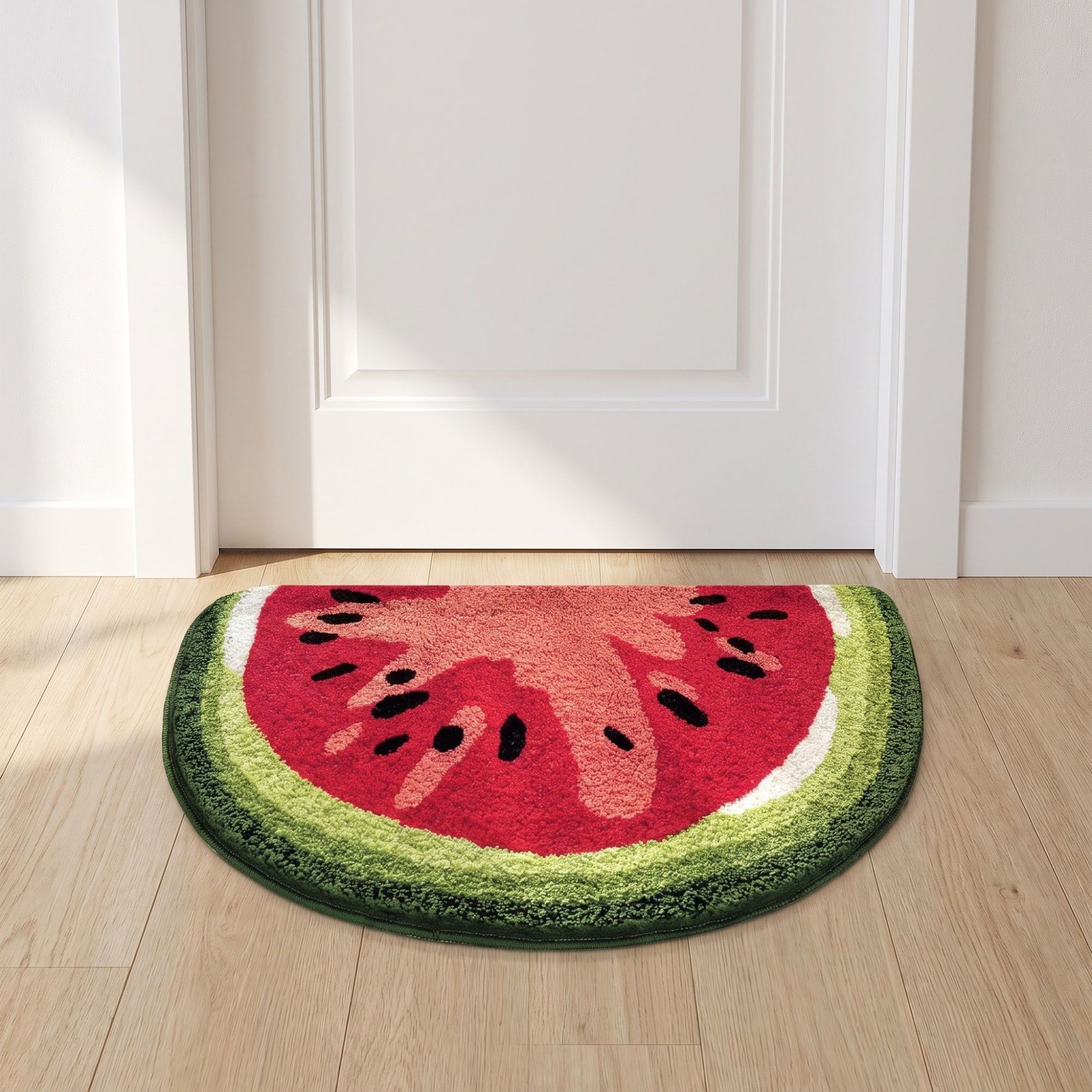 Kiwi Fruit Slice Plush Semicircle Bathroom Mat with Green Tufted Design