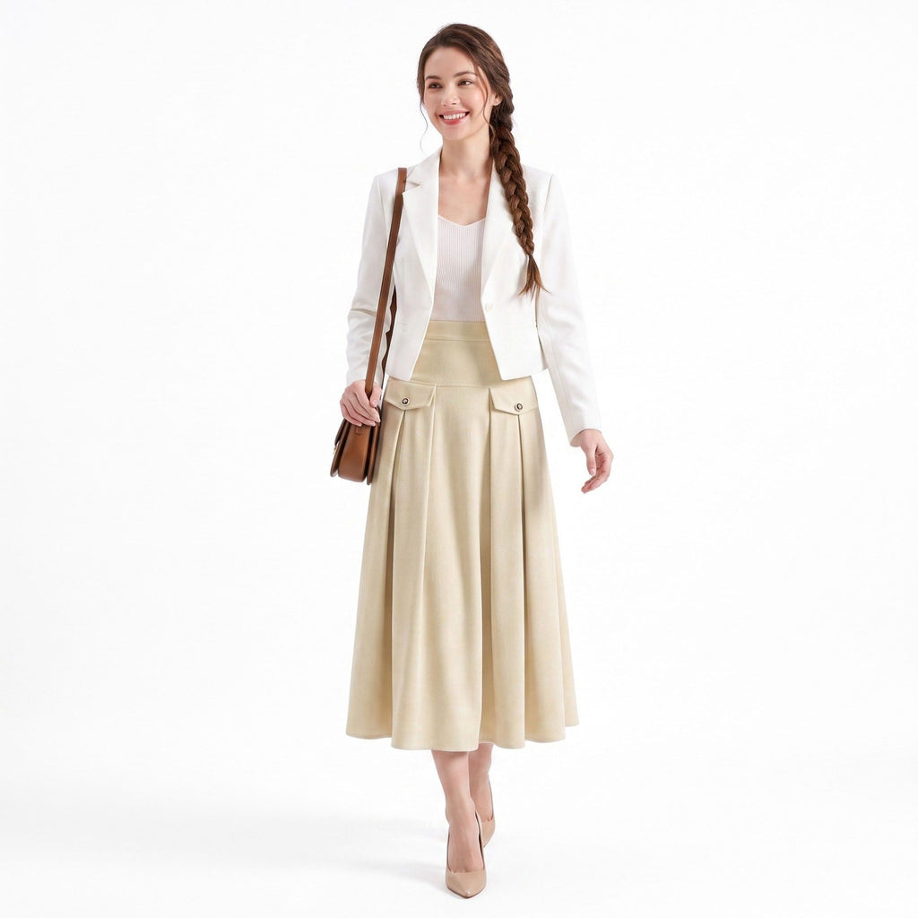 High Waist Pleated Midi Skirt A Line Flap Pocket Detail Textured Skirt