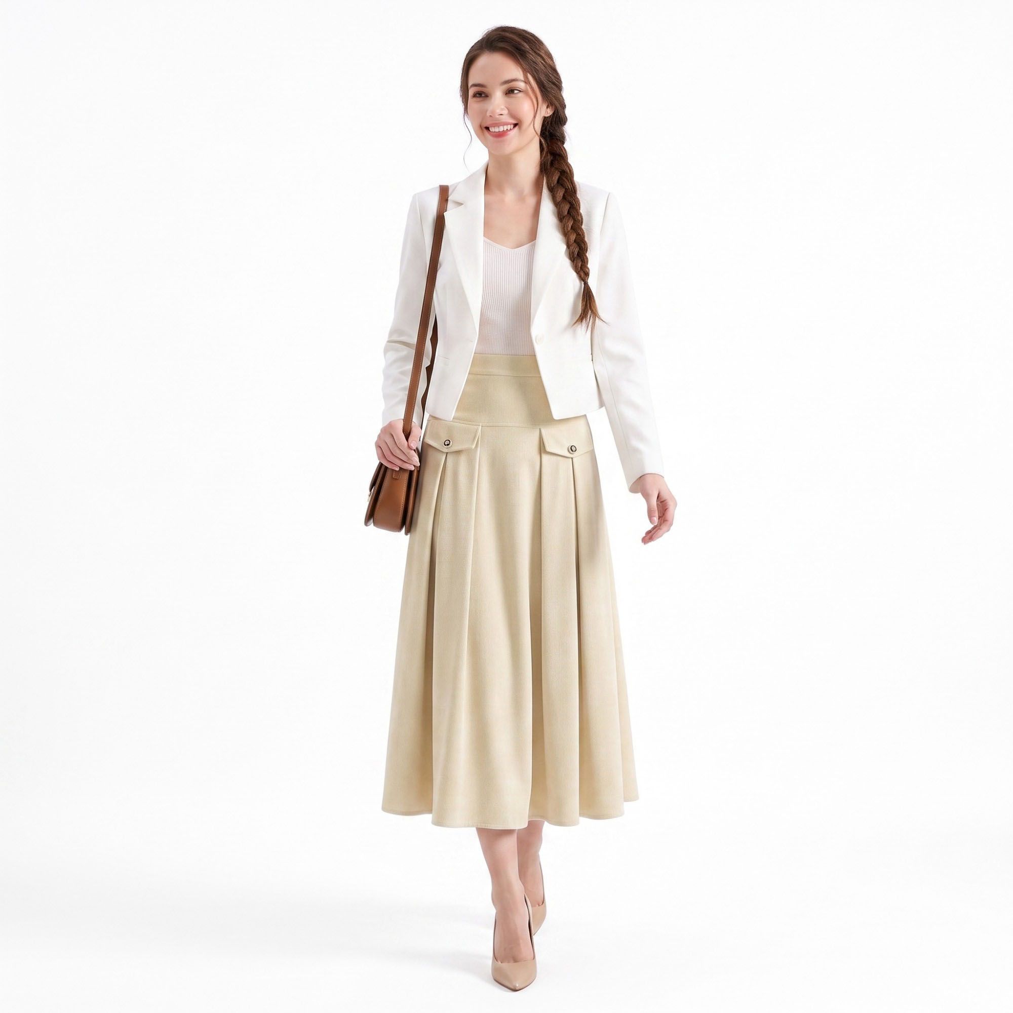High Waist Pleated Midi Skirt A Line Flap Pocket Detail Textured Skirt
