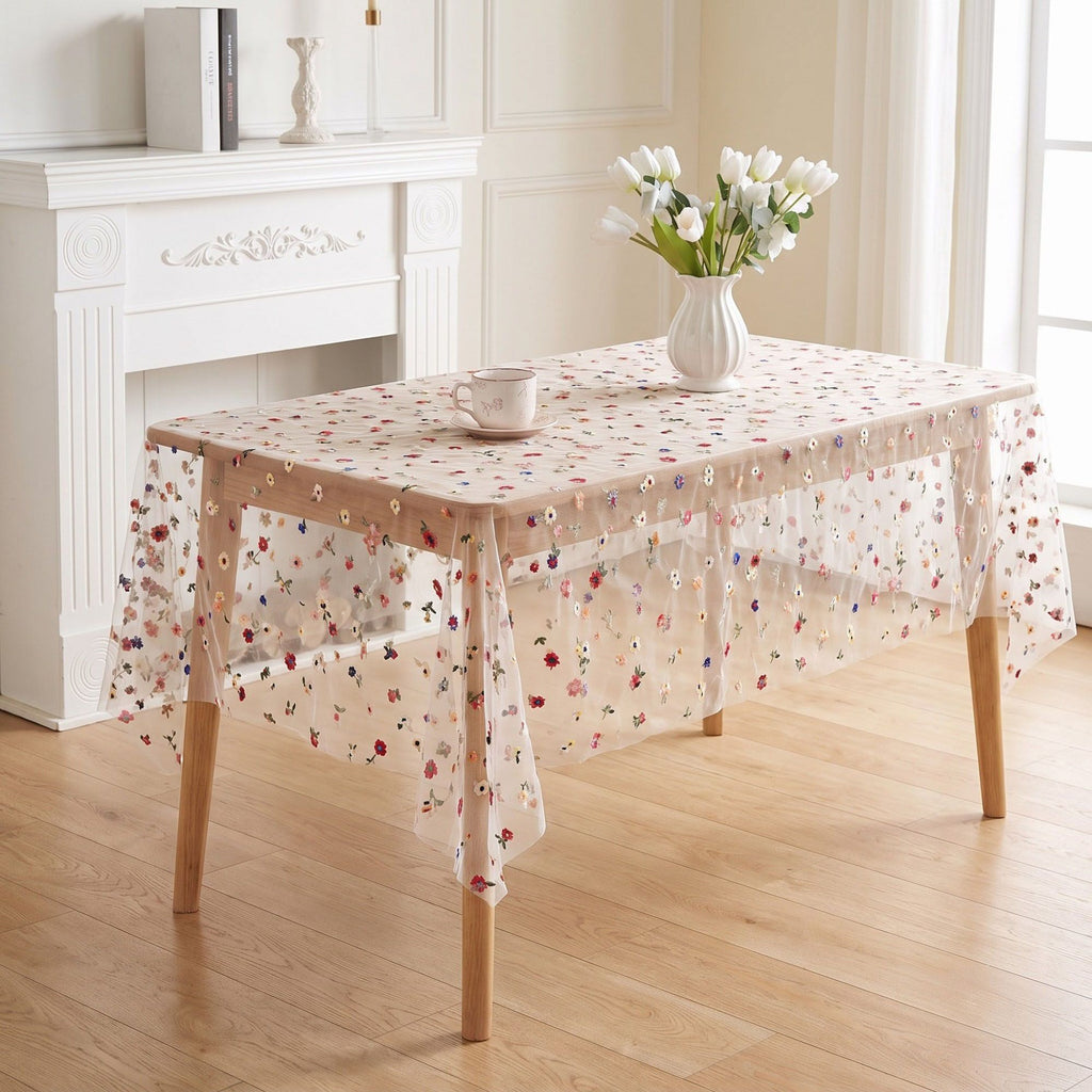 Sheer Floral Embroidered Rectangular Tablecloth 59.1x39.4in