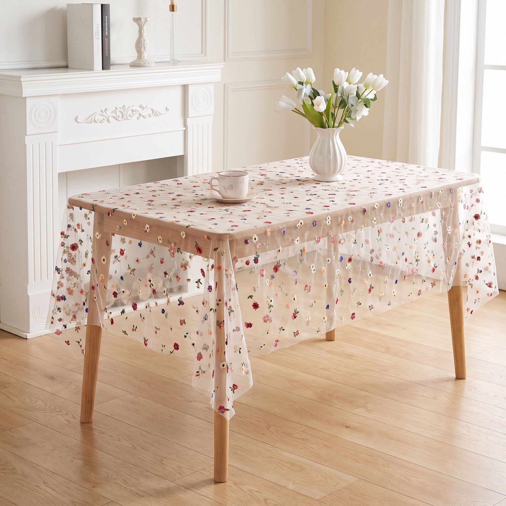 Sheer Floral Embroidered Rectangular Tablecloth 59.1x39.4in