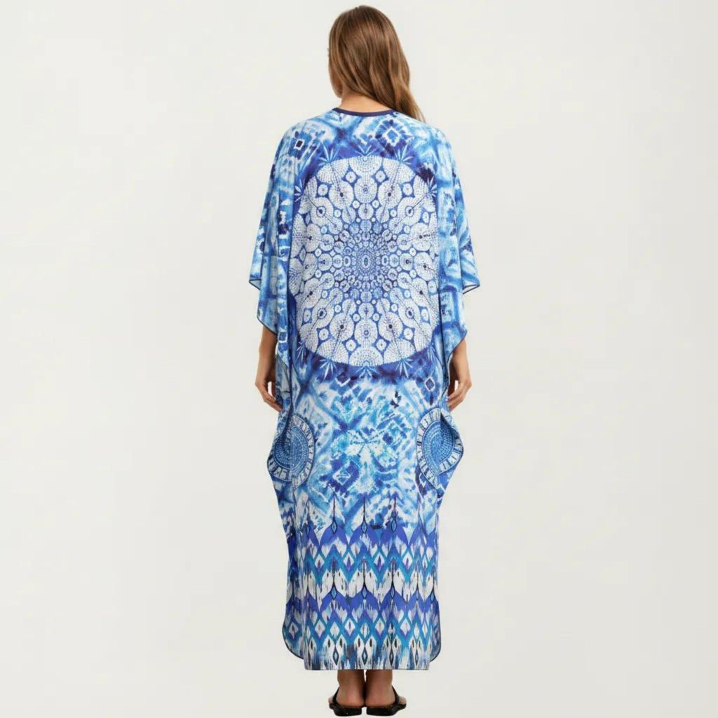 Anna-Kaci Women's Tie Dye Medallion Kaftan Maxi Dress with V-Neckline and Relaxed Flowy Silhouette
