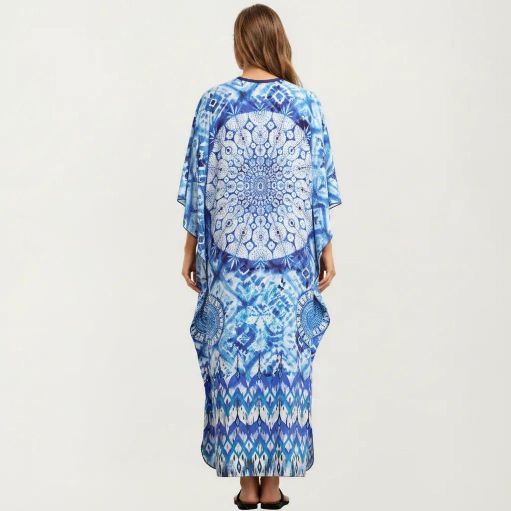 Anna-Kaci Women's Tie Dye Medallion Kaftan Maxi Dress with V-Neckline and Relaxed Flowy Silhouette