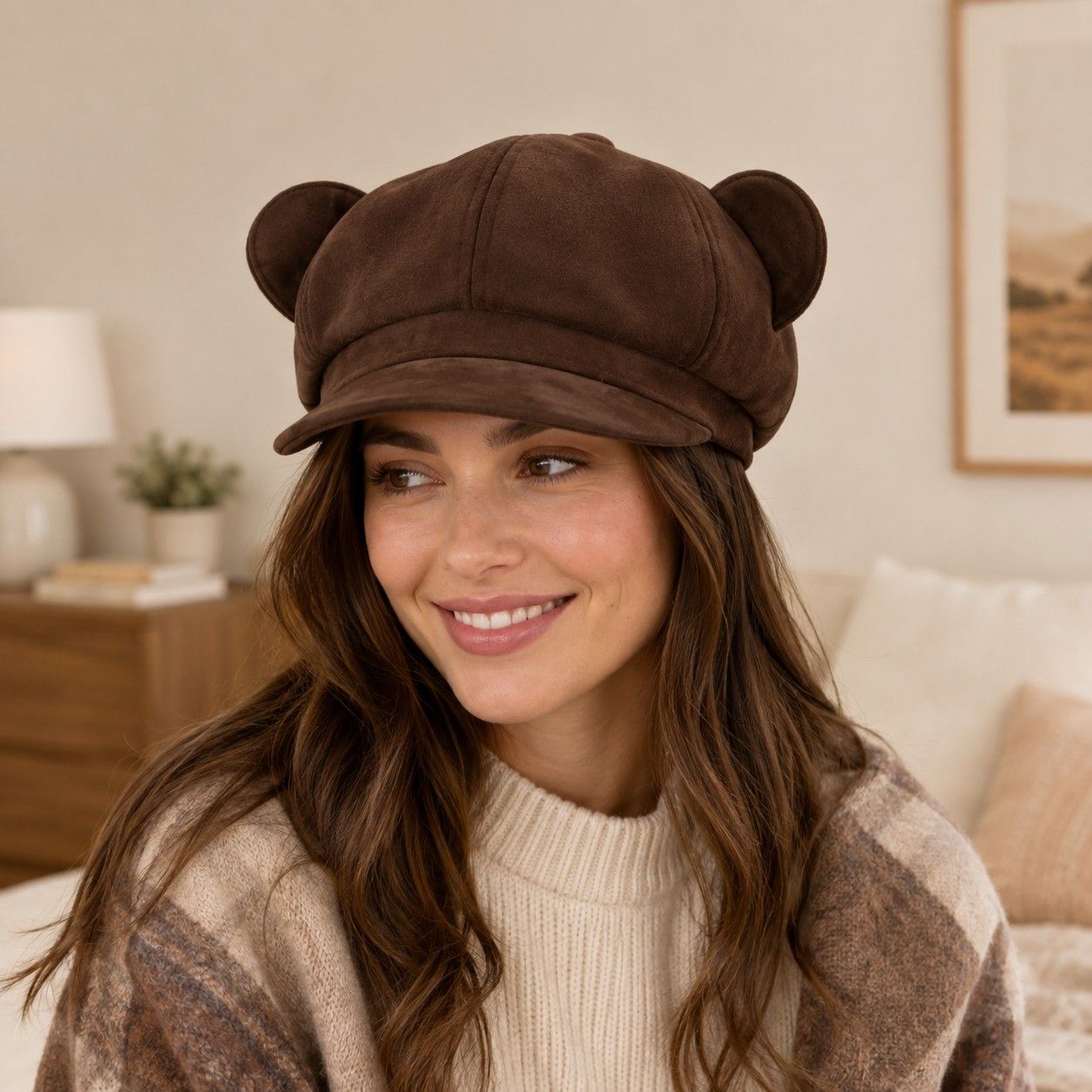 Faux Suede Bear Ear Newsboy Cap Cute Short Brim Baker Boy Hat