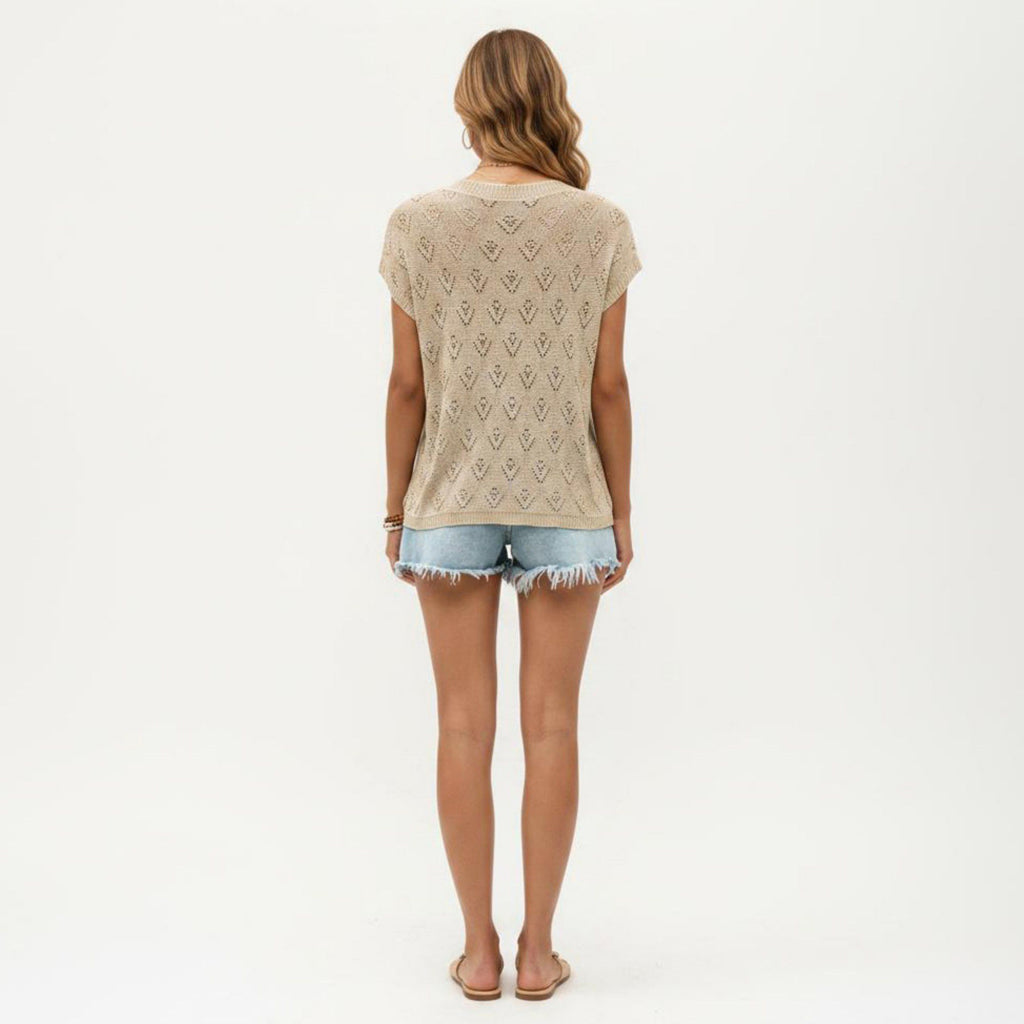 Anna-Kaci Women's Short Sleeve Knit Top with Floral Eyelet Pattern and Ribbed Crew Neck