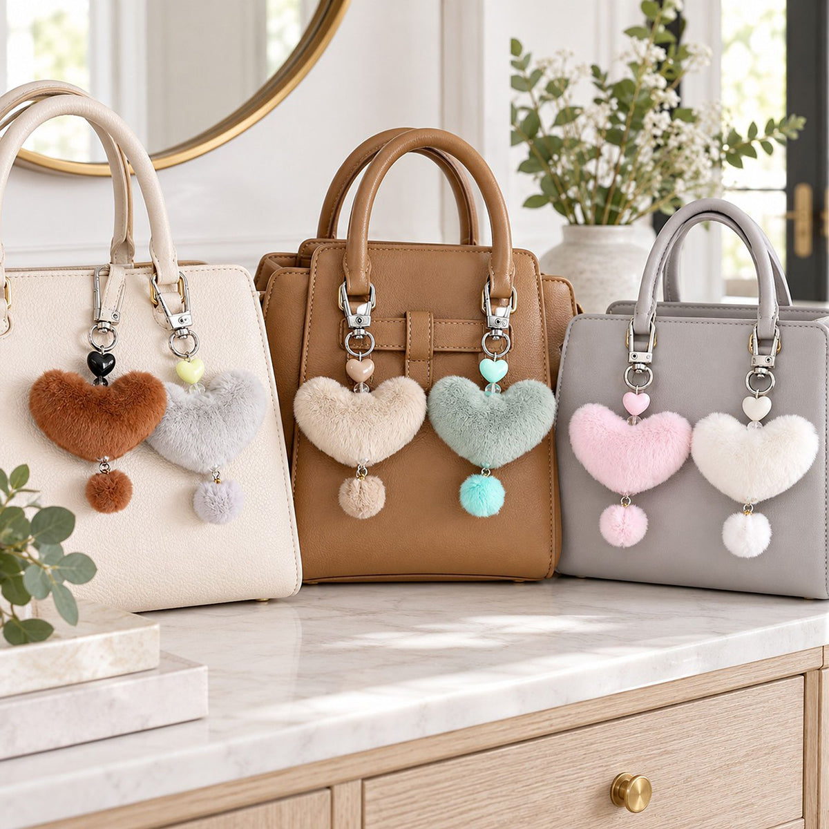 Fluffy Heart Pom-Pom Keychain Cute Faux Fur Bag Charm Set