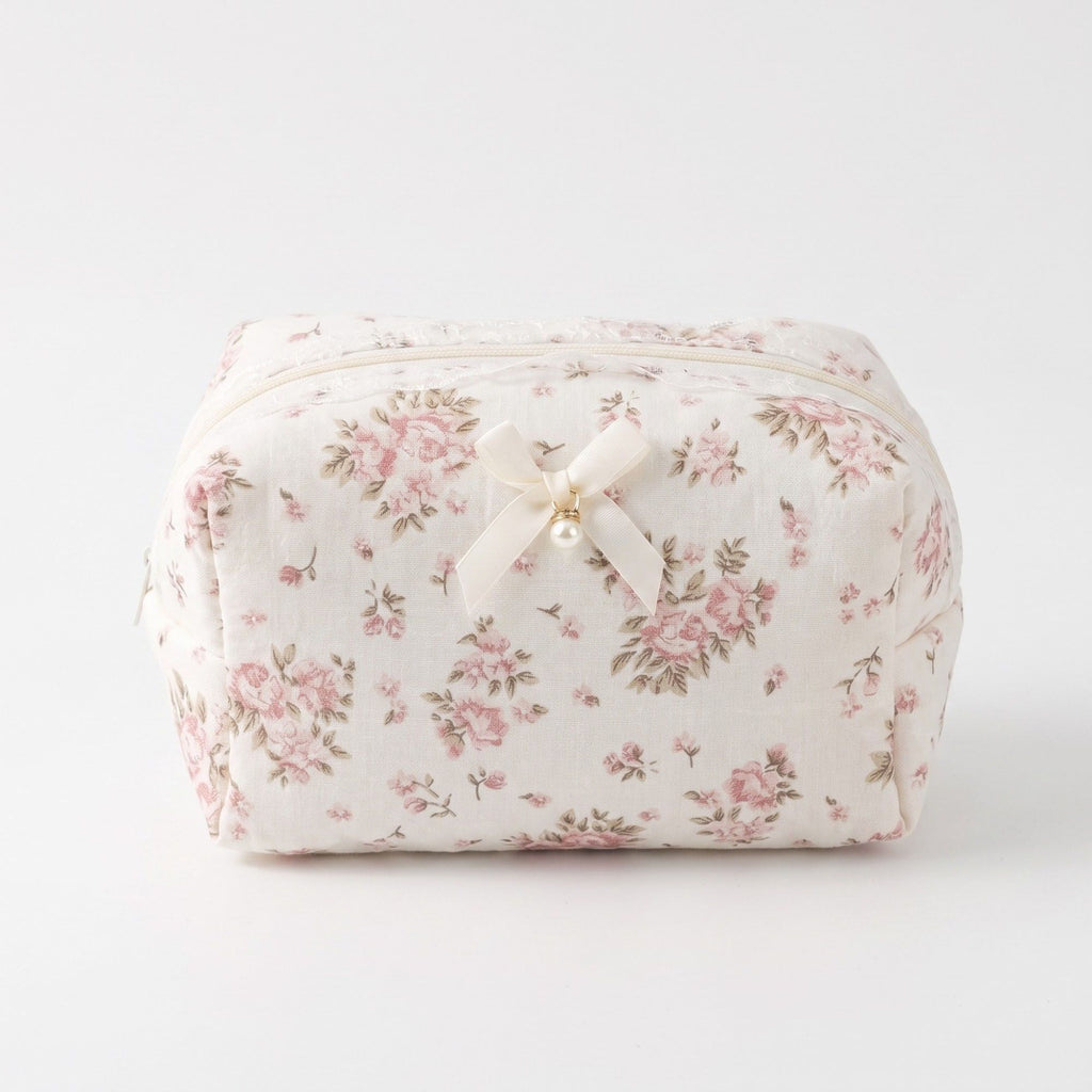 Womens Floral Makeup Bag with Bow Pearl Charm and Zipper Closure