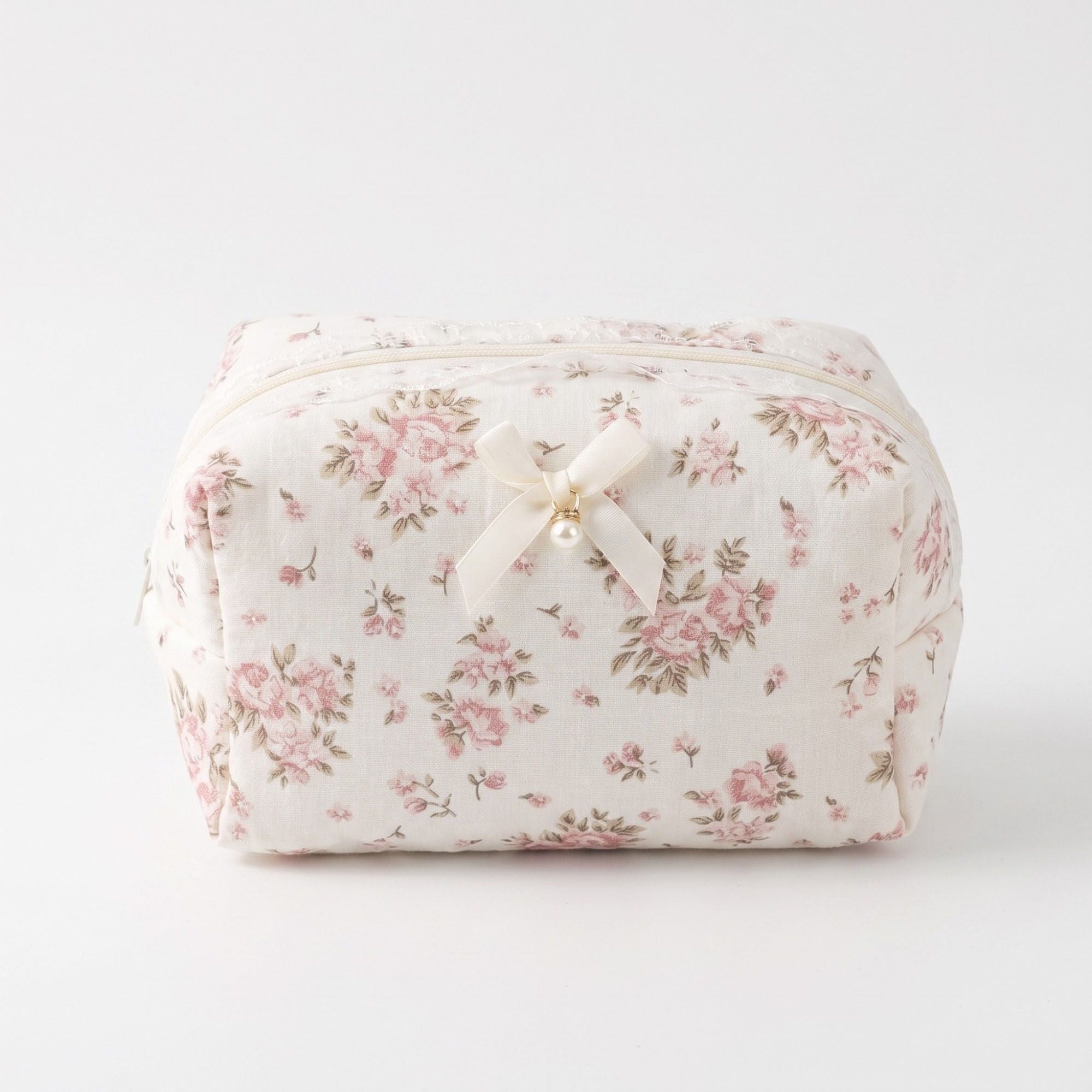 Womens Floral Makeup Bag with Bow Pearl Charm and Zipper Closure