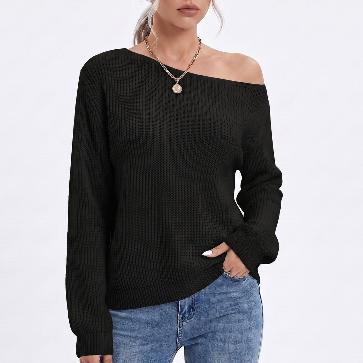 Oversized Off Shoulder Long Sleeve Knit Pullover Sweater