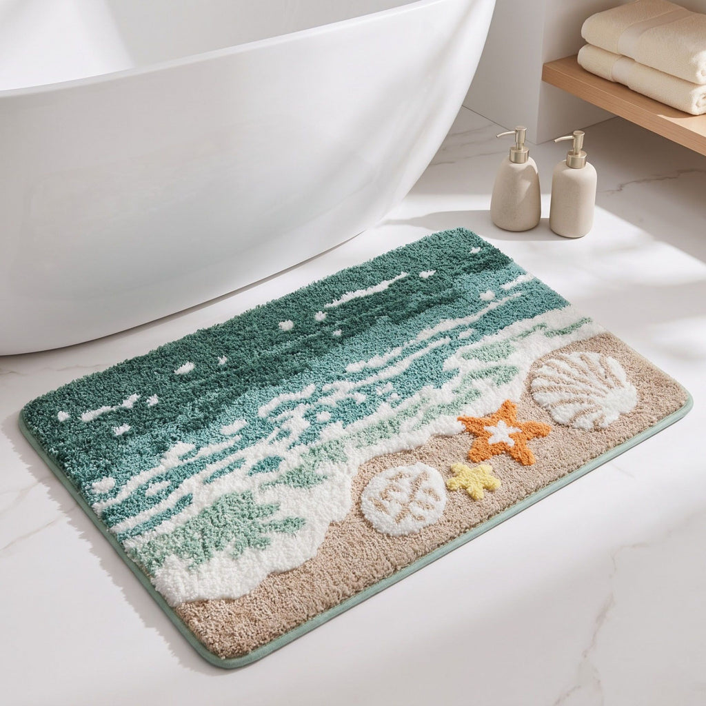 Coastal Ocean Wave Plush Bathroom Mat with Life Preserver and Seashell Design