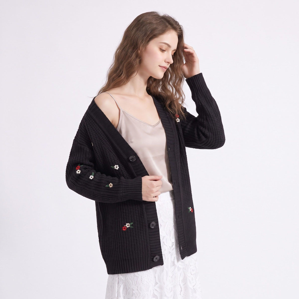 Floral Embroidered Button Front Cardigan