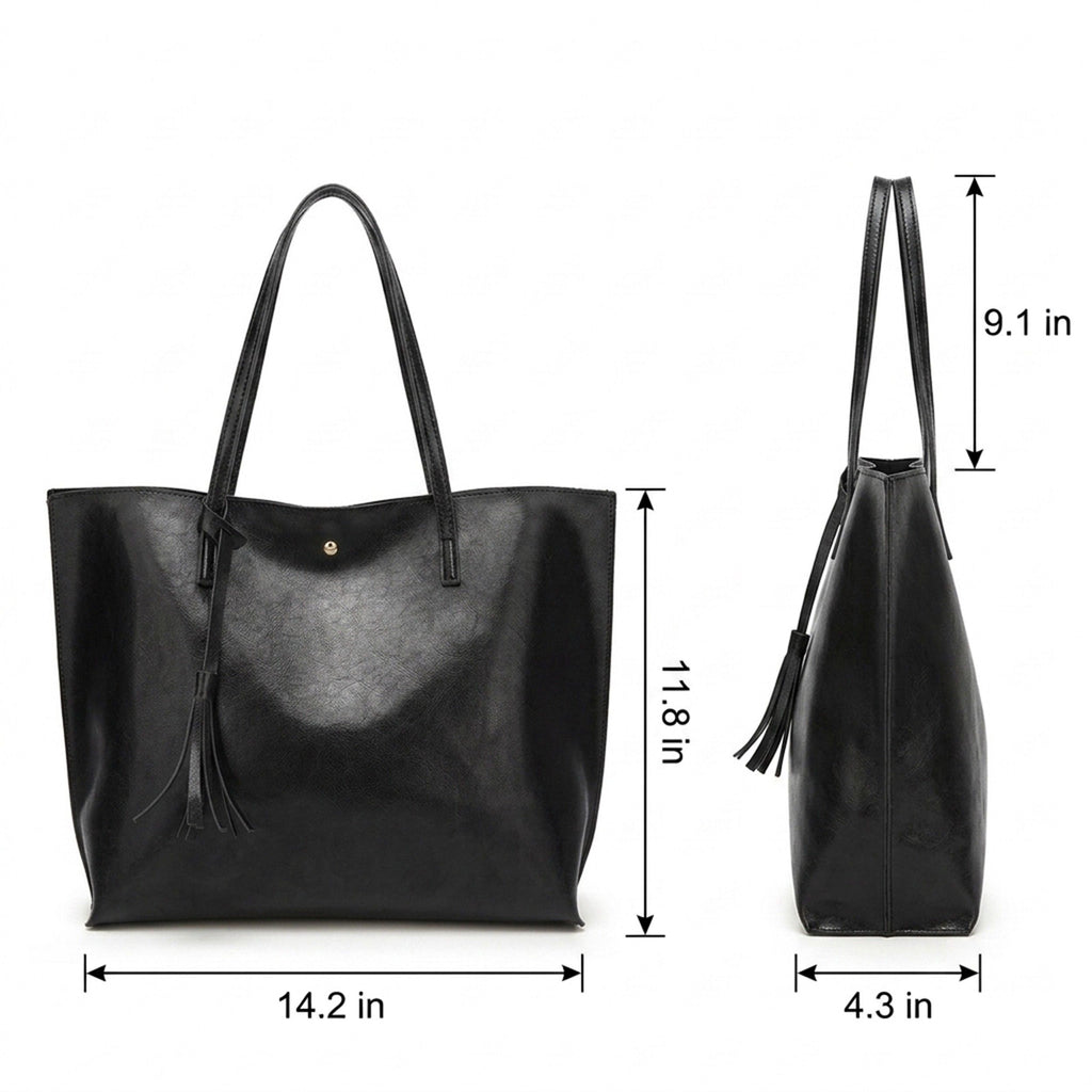 Large Faux Leather Shoulder Tote Bag with Tassel and Magnetic Snap Closure