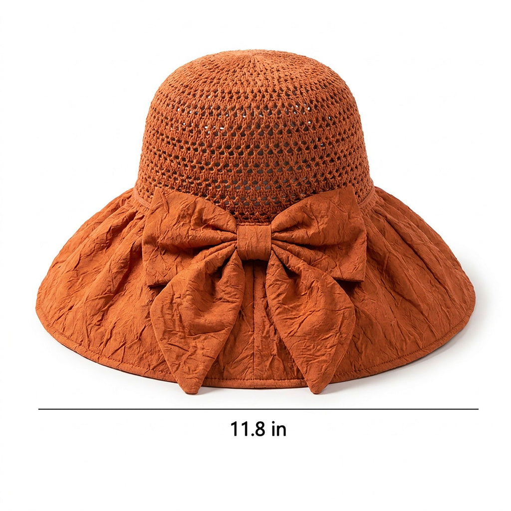 Wide Brim Crochet Sun Hat with Bow Accent and Textured Fabric Brim