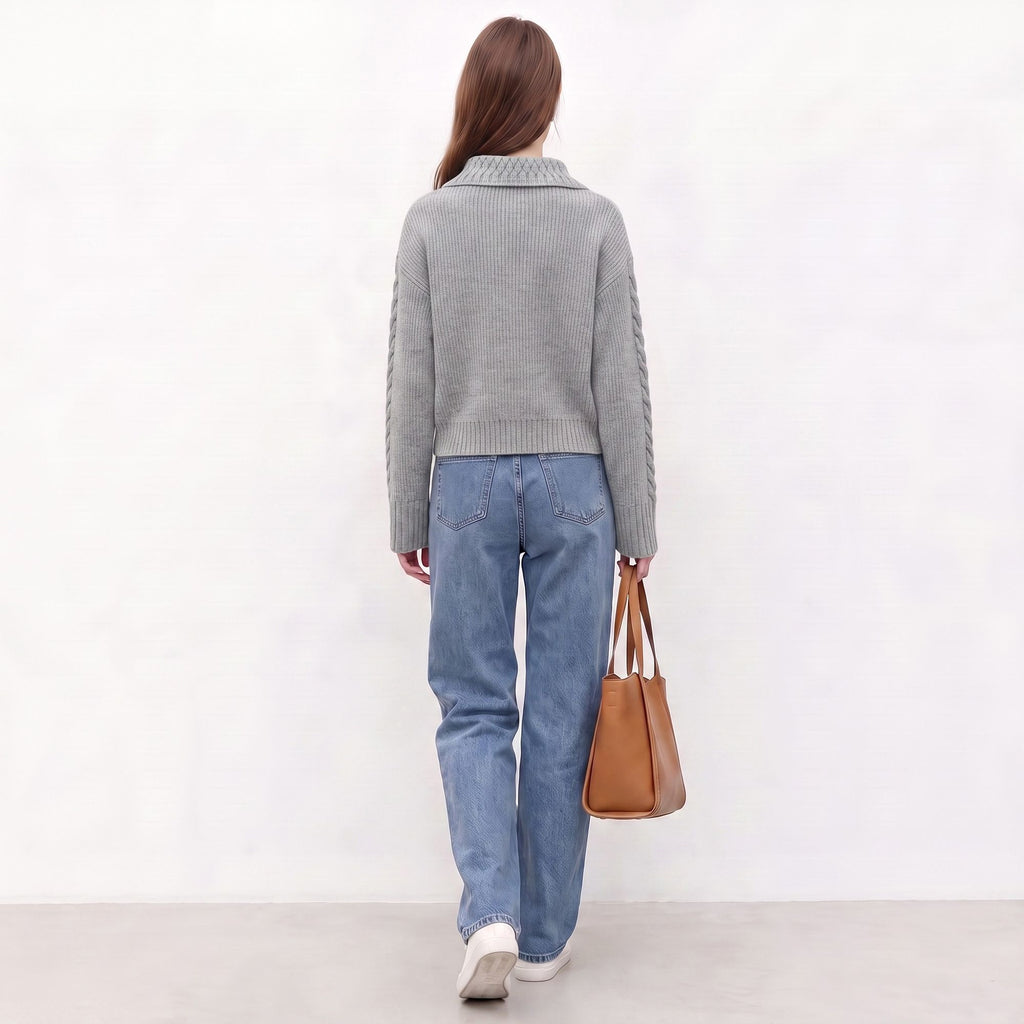 Cable Knit Collared Sweater with Flared Cuffs