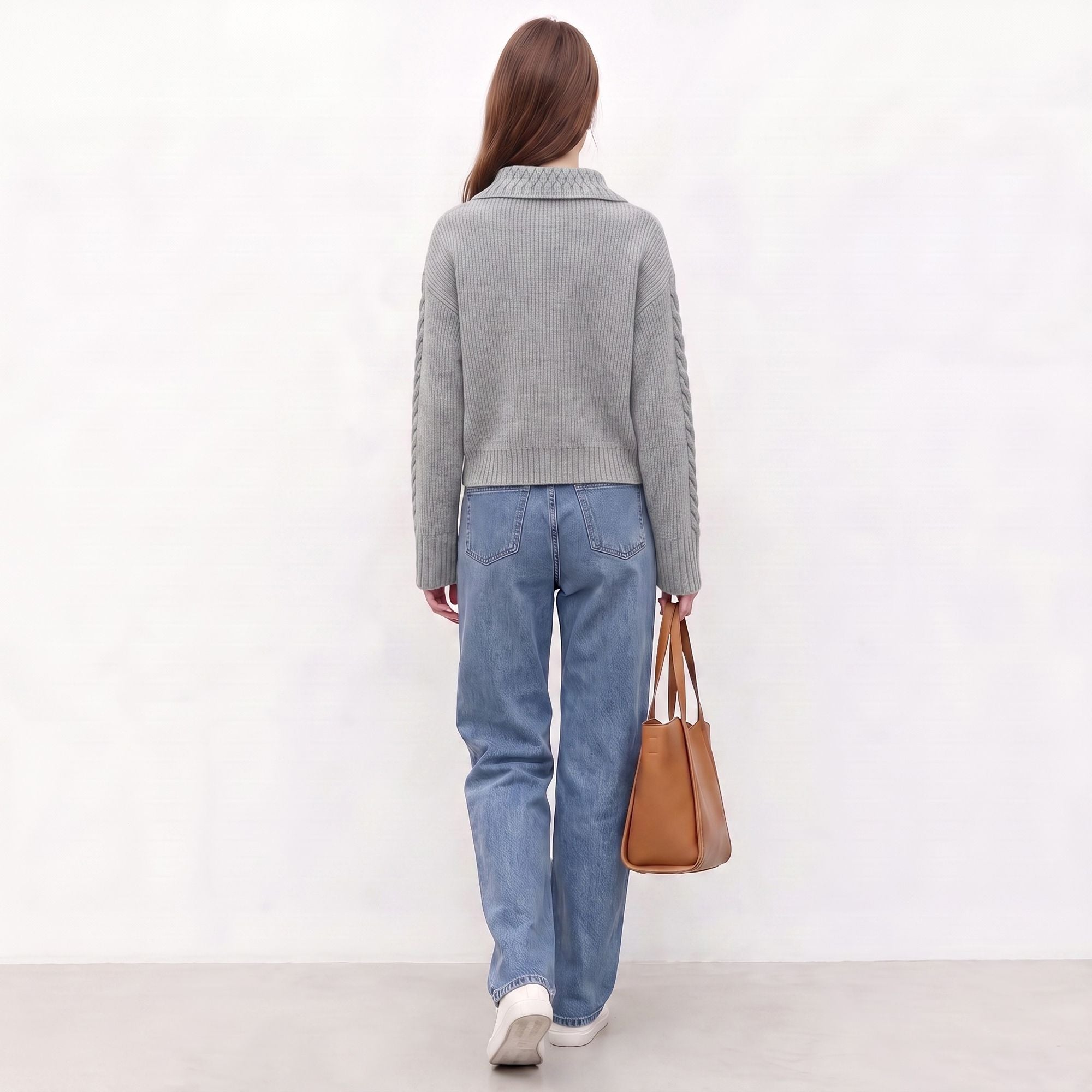 Cable Knit Collared Sweater with Flared Cuffs