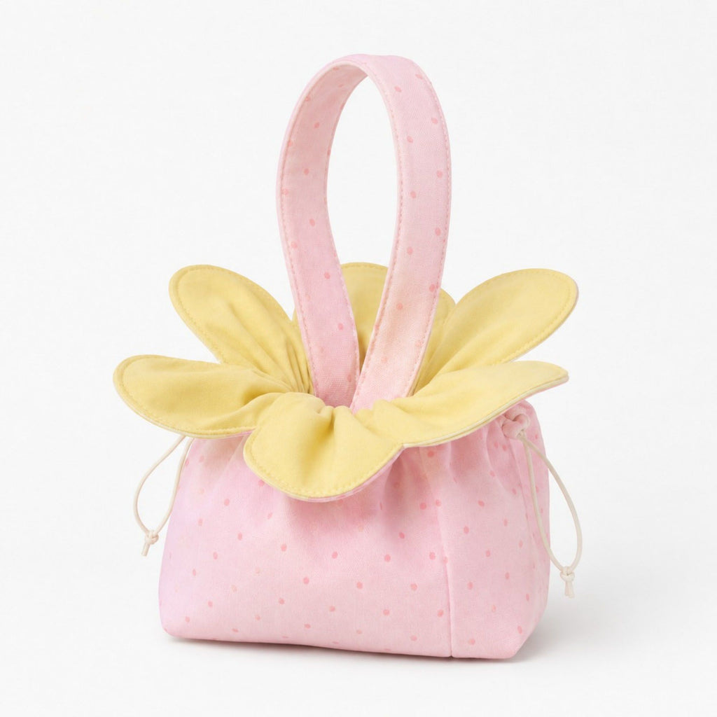 Textured Knit Drawstring Handbag with Floral Petal Trim, Dual Handles and Compact Cosmetic Storage Design