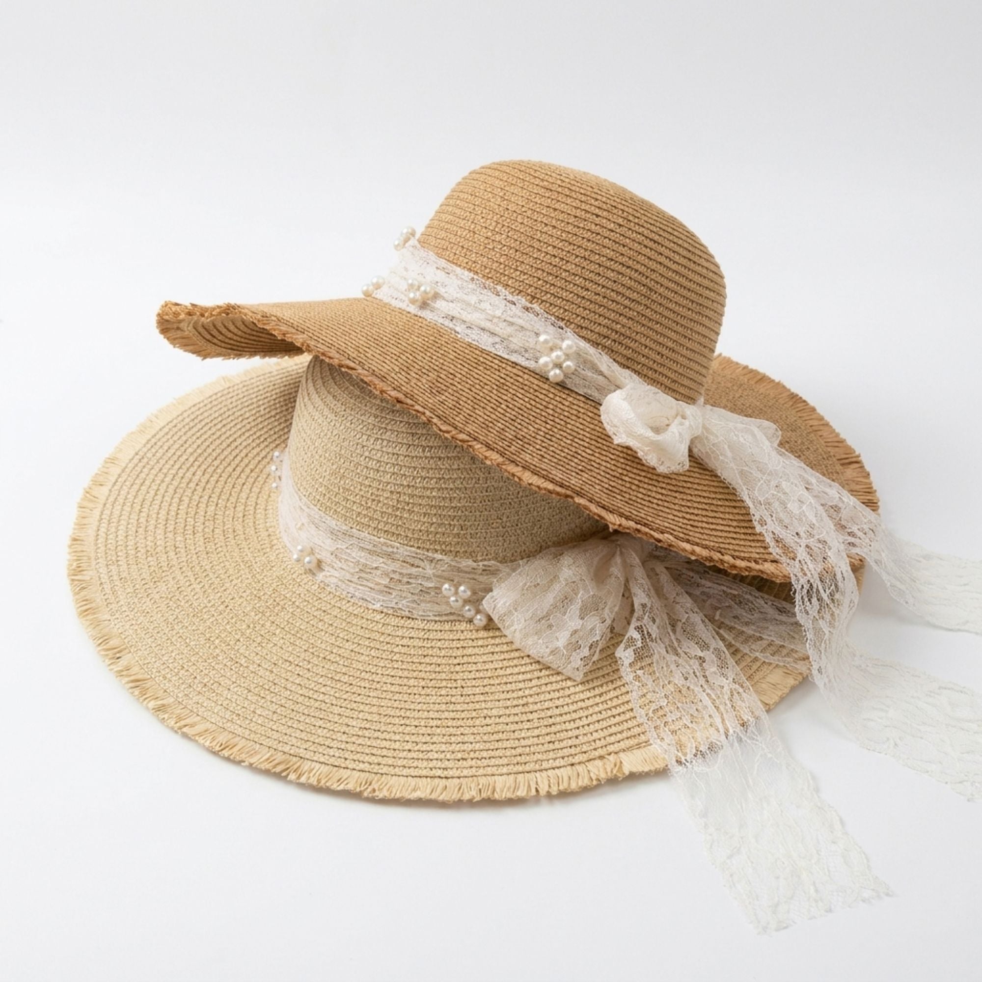 Wide Brim Sun Hat with Lace Band and Frayed Edge