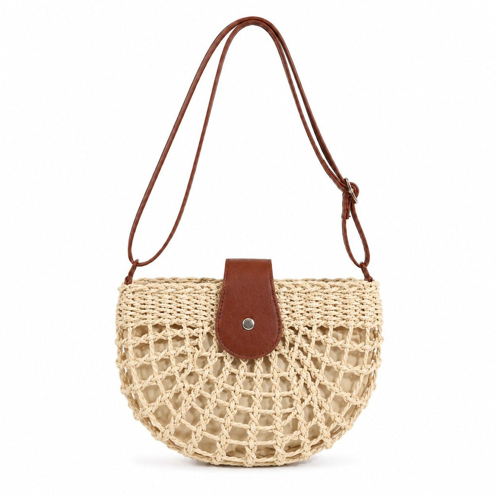 Woven Straw Crescent Crossbody Handbag with Adjustable Shoulder Strap