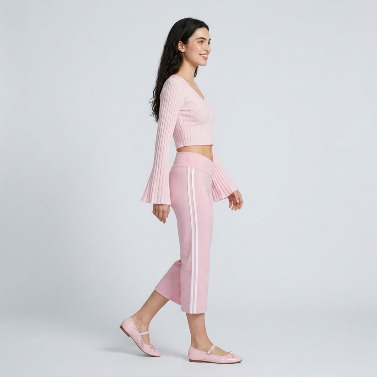 Crossover Waistband Side-Stripe Cropped Wide-Leg Trousers