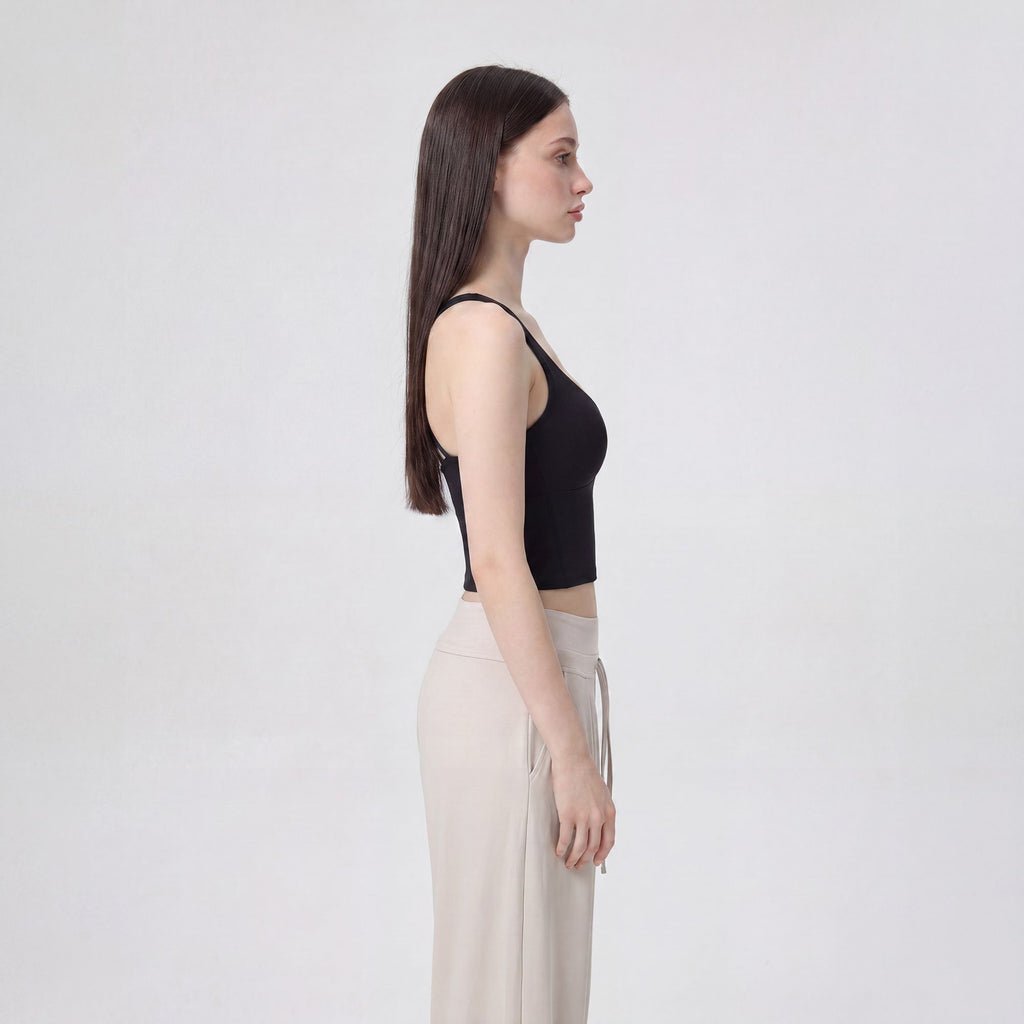 Cropped Yoga Tank Top with Built In Padding Scoop Neck Wide Strap Fitted Activewear Top