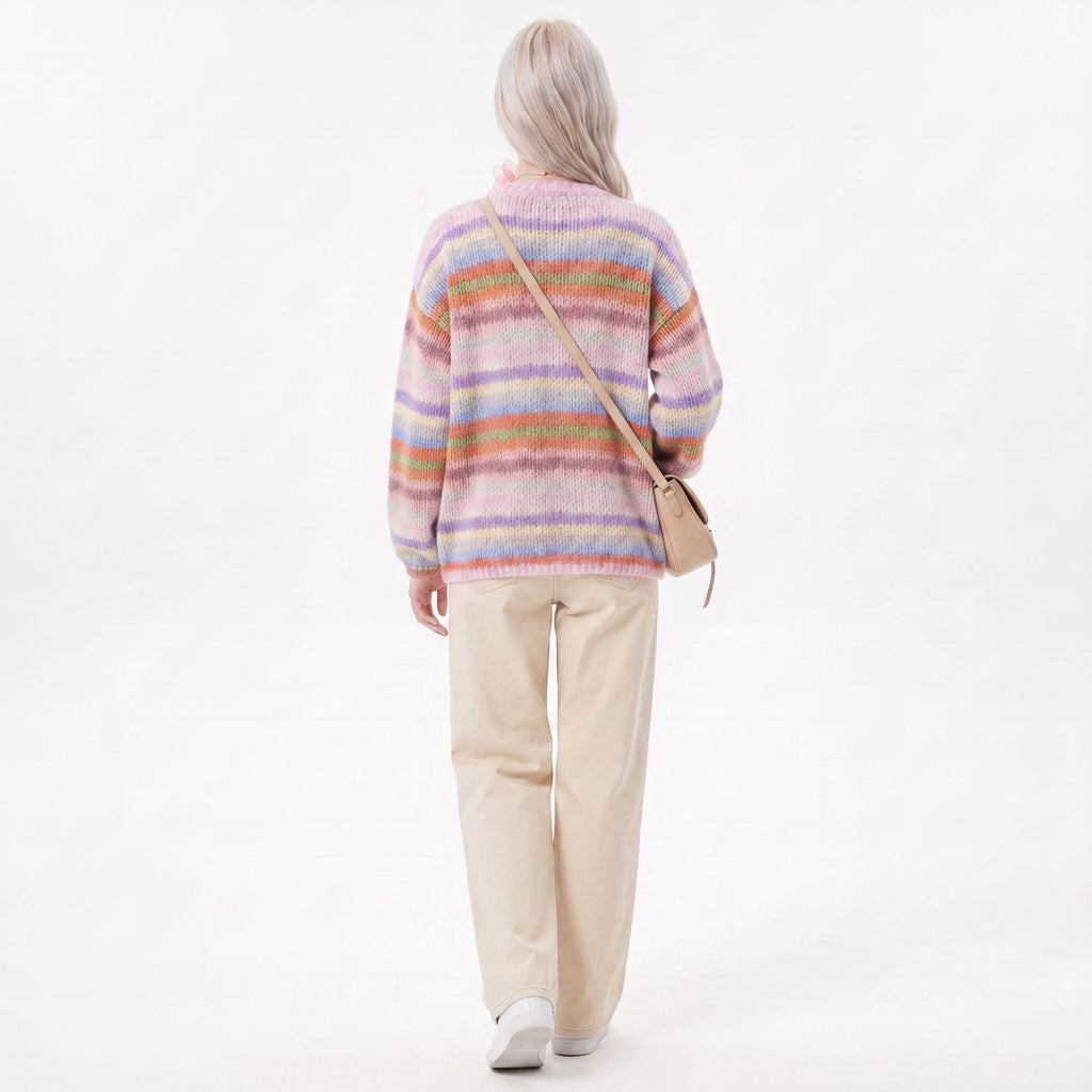 Multicolor Striped Open Front Knit Cardigan Sweater