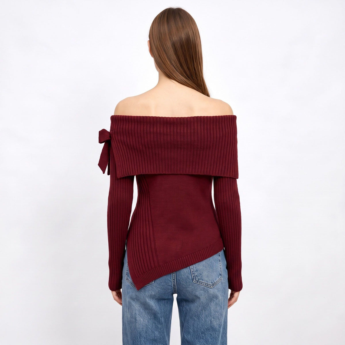 Off Shoulder Bow Asymmetrical Knit Sweater