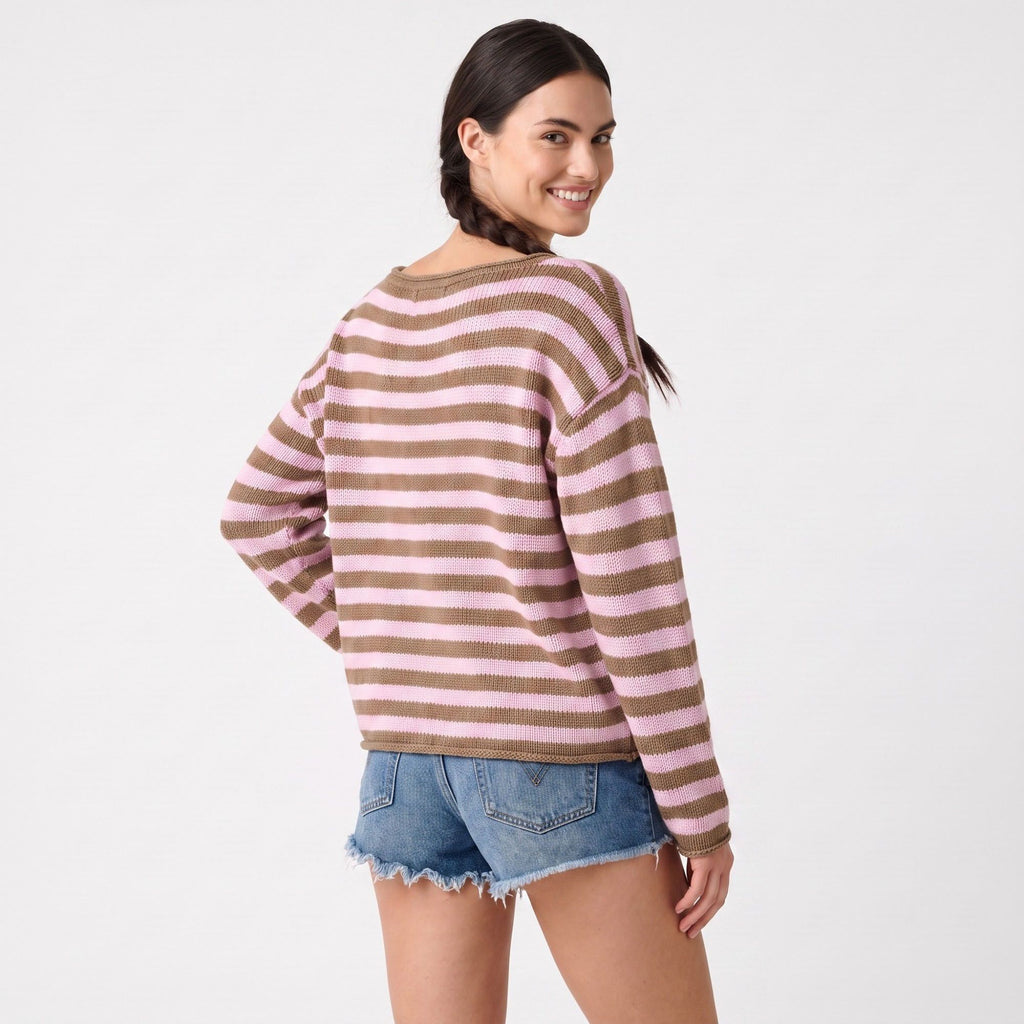 Striped Boat Neck Drop Shoulder Long Sleeve Knit Sweater