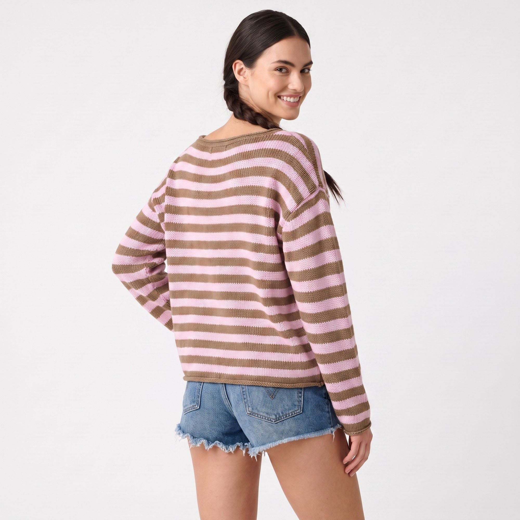 Striped Boat Neck Drop Shoulder Long Sleeve Knit Sweater