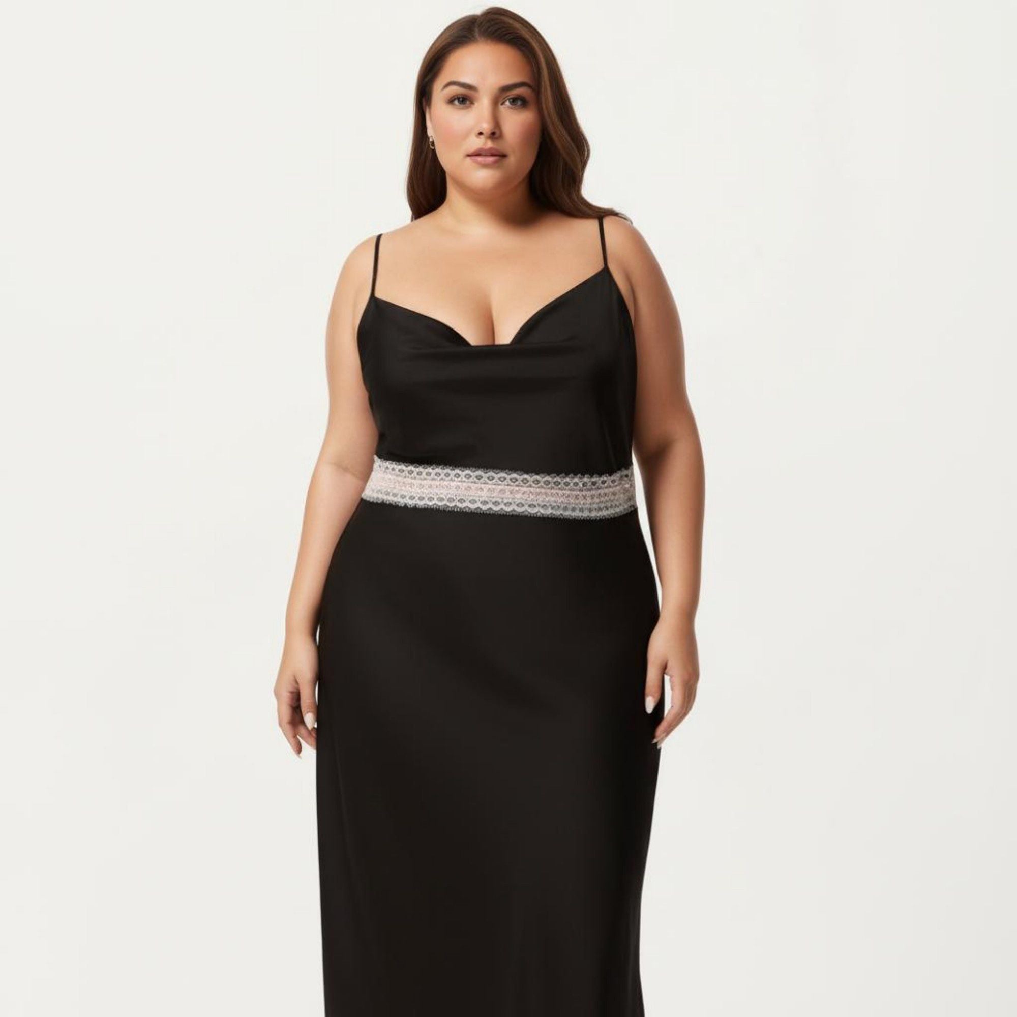 Anna-Kaci Lounge Women's Plus Size Satin Slip Dress with Lace Waist Detail Adjustable Spaghetti Straps Midi Sleepwear Nightgown
