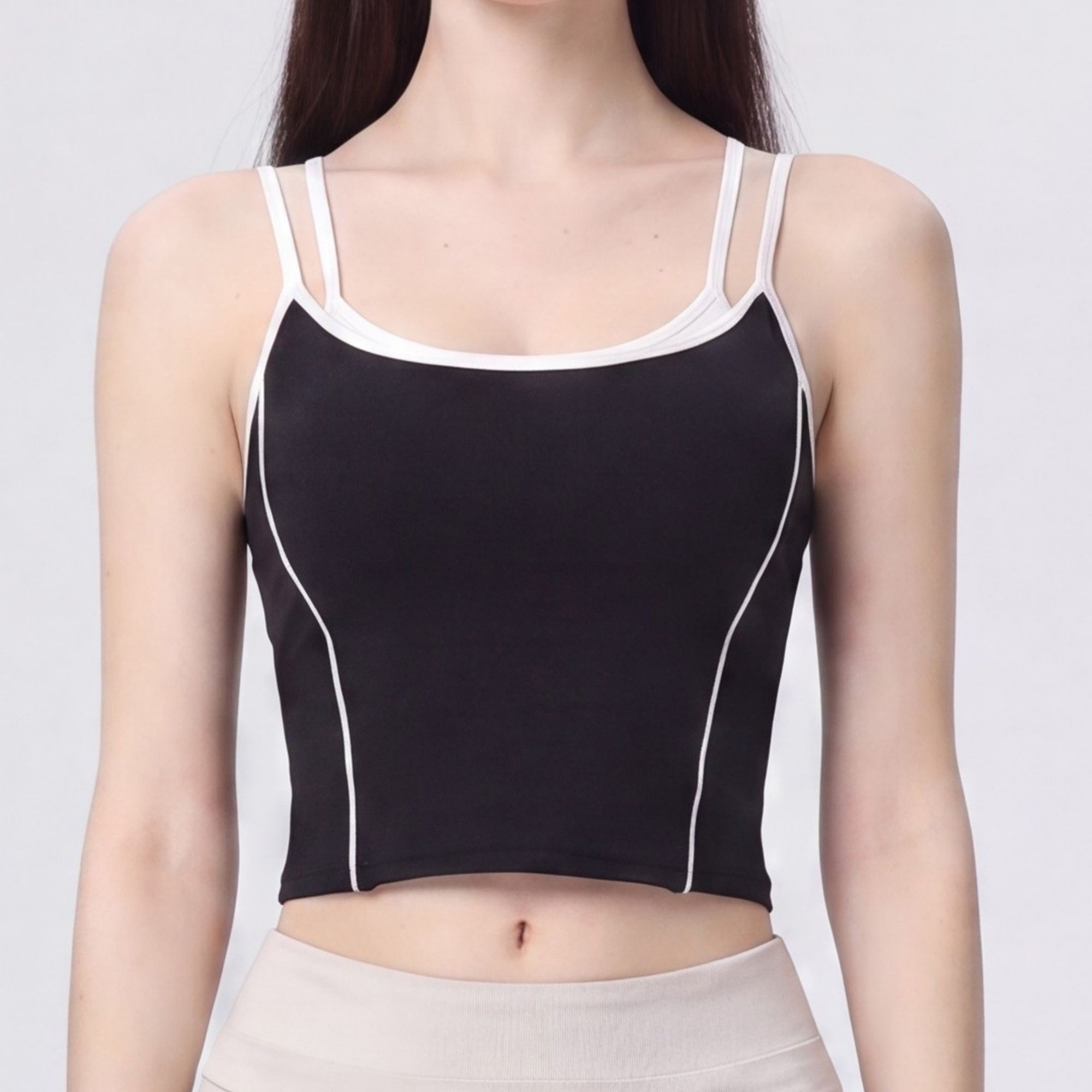 Contrast Trim Double Strap Cropped Cami Tank Top with Fitted Light Support Activewear Design