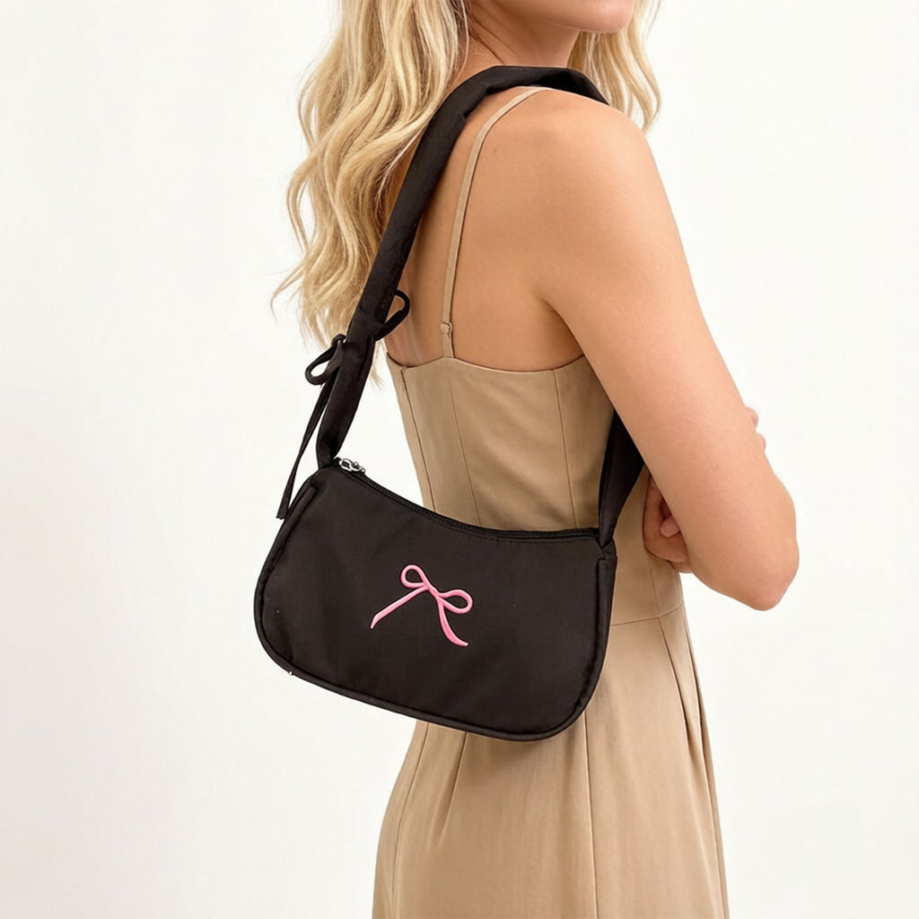 Small Bow Embroidered Shoulder Bag with Ruched Strap and Zip Closure
