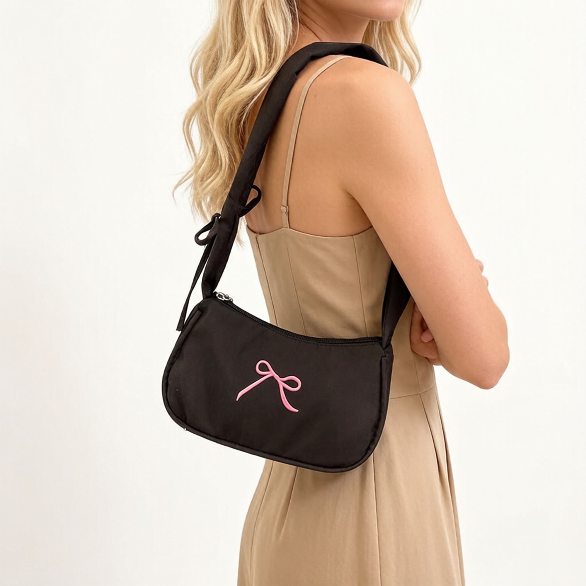 Small Bow Embroidered Shoulder Bag with Ruched Strap and Zip Closure