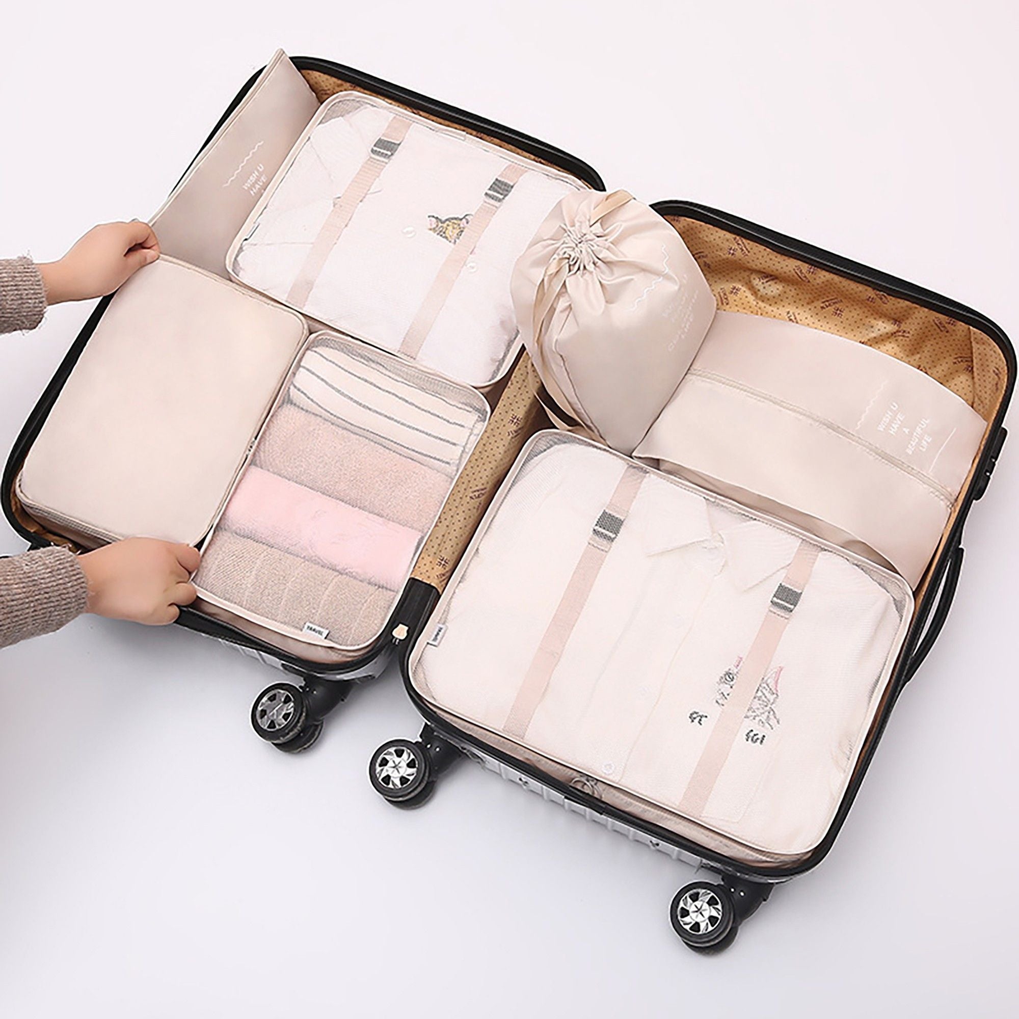 Travel Packing Organizer Set with Mesh Cubes Drawstring Bag Zipper Pouch Lightweight Storage Set