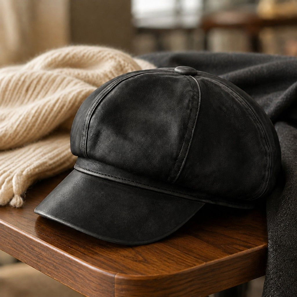 Faux Leather Newsboy Cap Vintage Eight Panel Baker Boy Hat Distressed Style