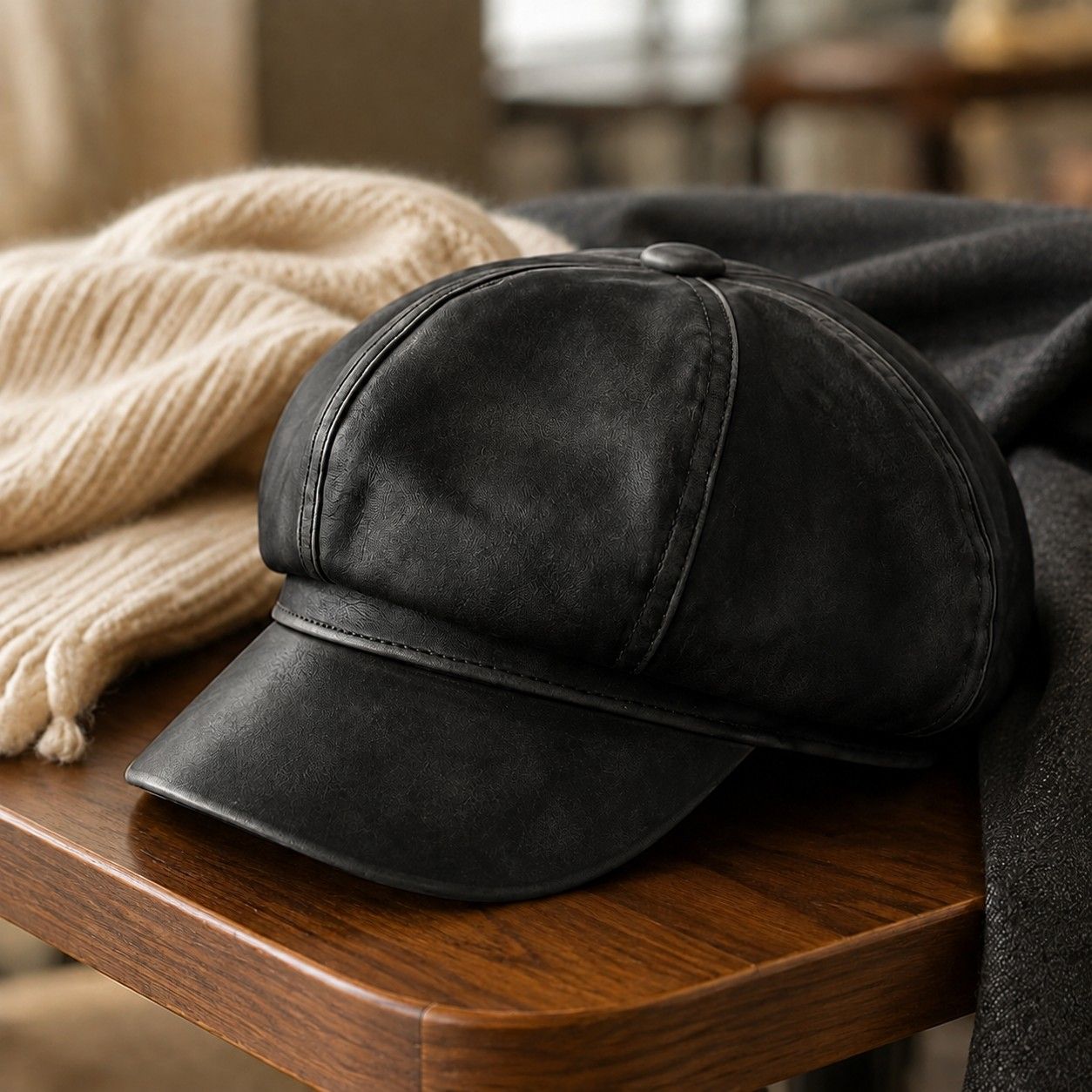 Faux Leather Newsboy Cap Vintage Eight Panel Baker Boy Hat Distressed Style