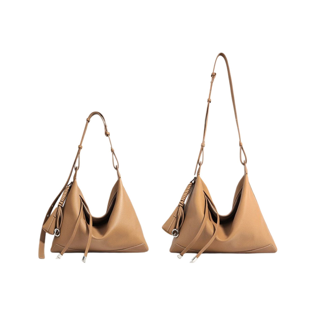 Slouchy Leather Hobo Shoulder Bag with Adjustable Strap Tassel Accent and Zip Closure