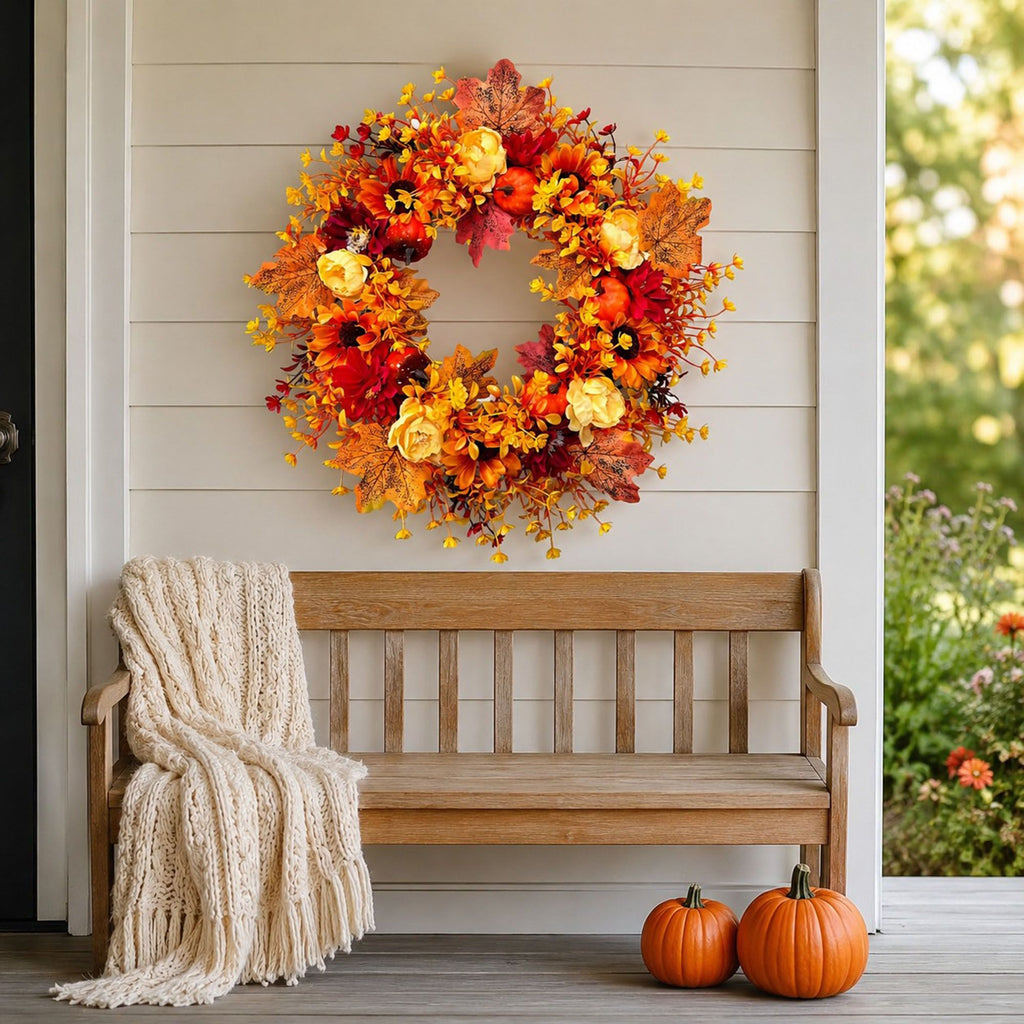 Fall Pumpkin Floral Wreath with Maple Leaves for Front Door Decor