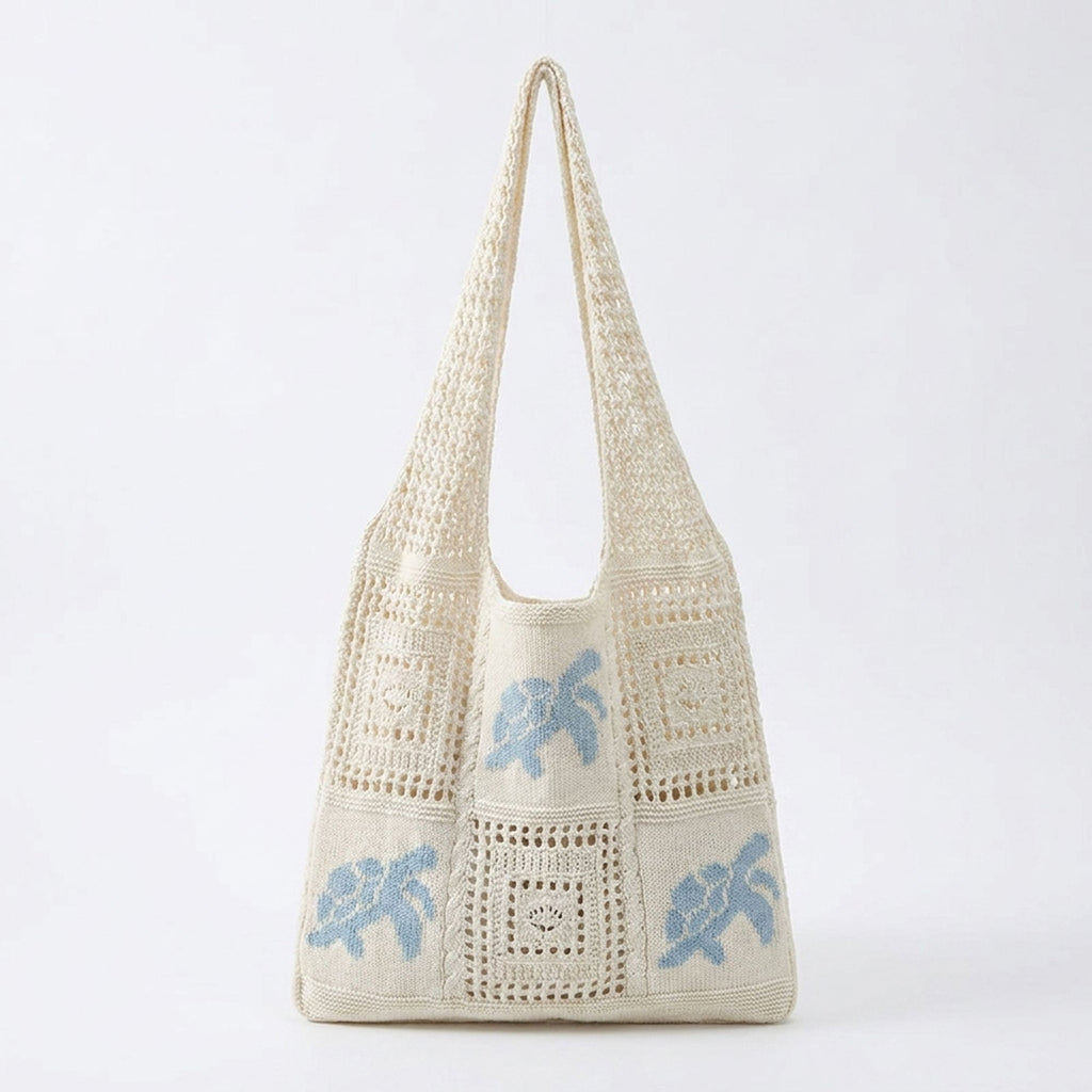 Knit Tote Bag Floral Pattern Shoulder Bag Open Top Casual Everyday Carry Handbag