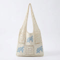 Knit Tote Bag Floral Pattern Shoulder Bag Open Top Casual Everyday Carry Handbag