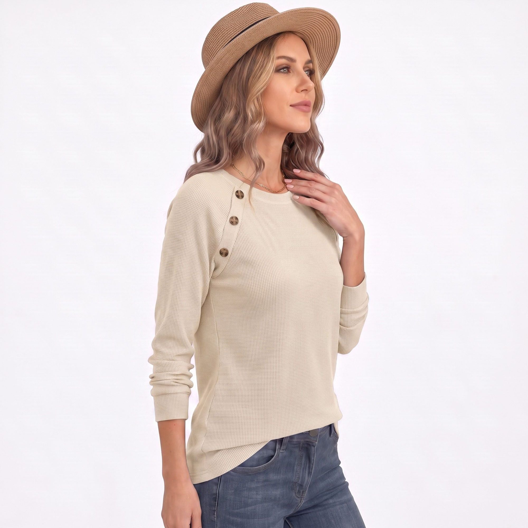 Waffle Knit Button Shoulder Raglan Long Sleeve Top