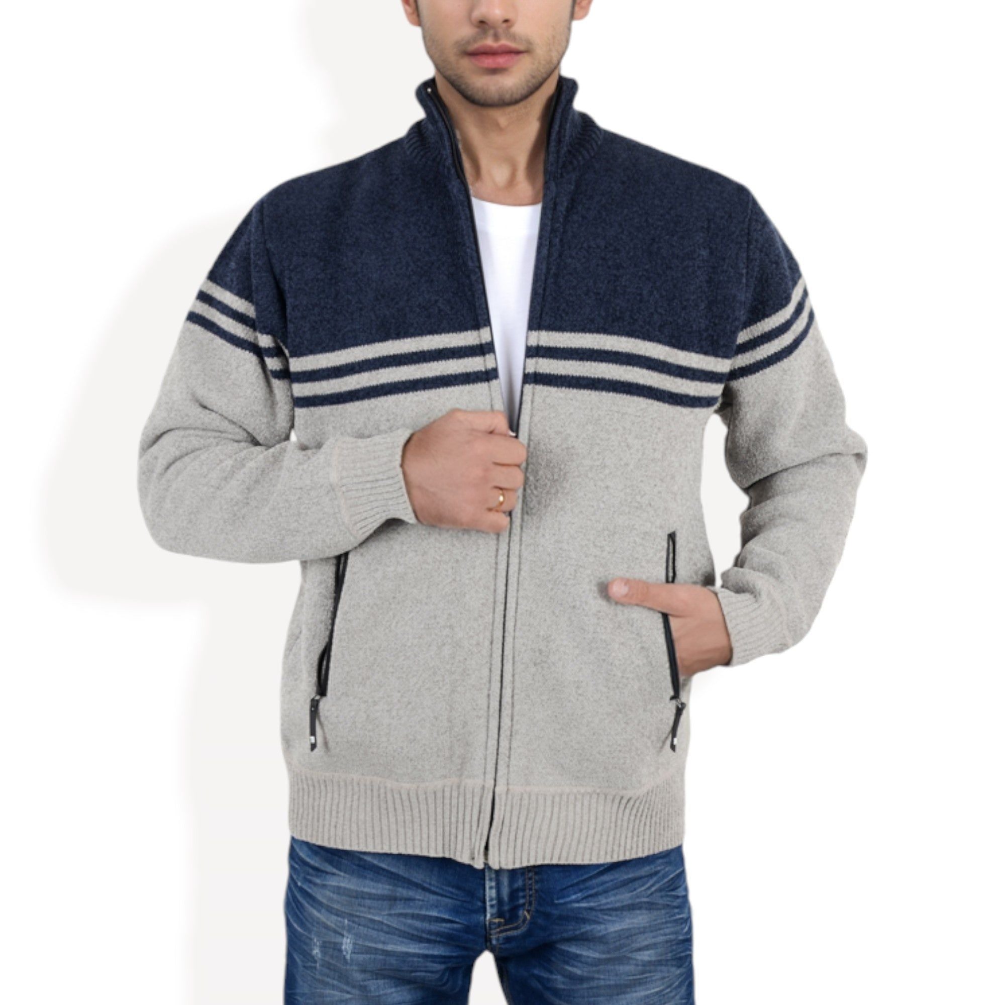 Anna-Kaci Men's Zip-Up Striped Fleece Jacket with High Collar and Front Pockets