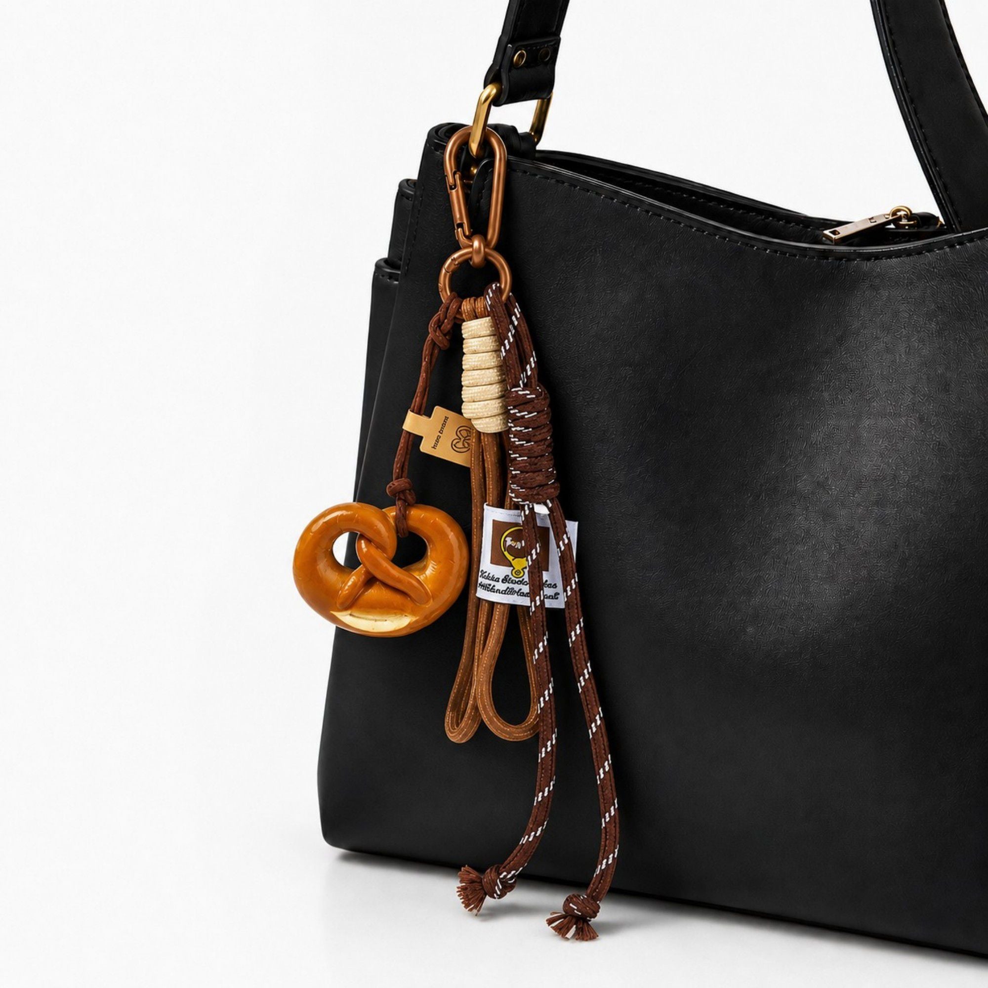 Pretzel Keychain Bag Charm with Brown Cord Tassel Carabiner Clip and Gold Tone Accent